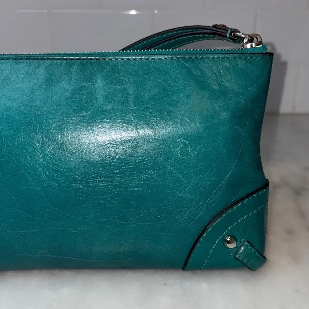 Michael Kors Purse Bag Fallon Large Leather Zip Clutch Wristlet Teal Aqua HTF